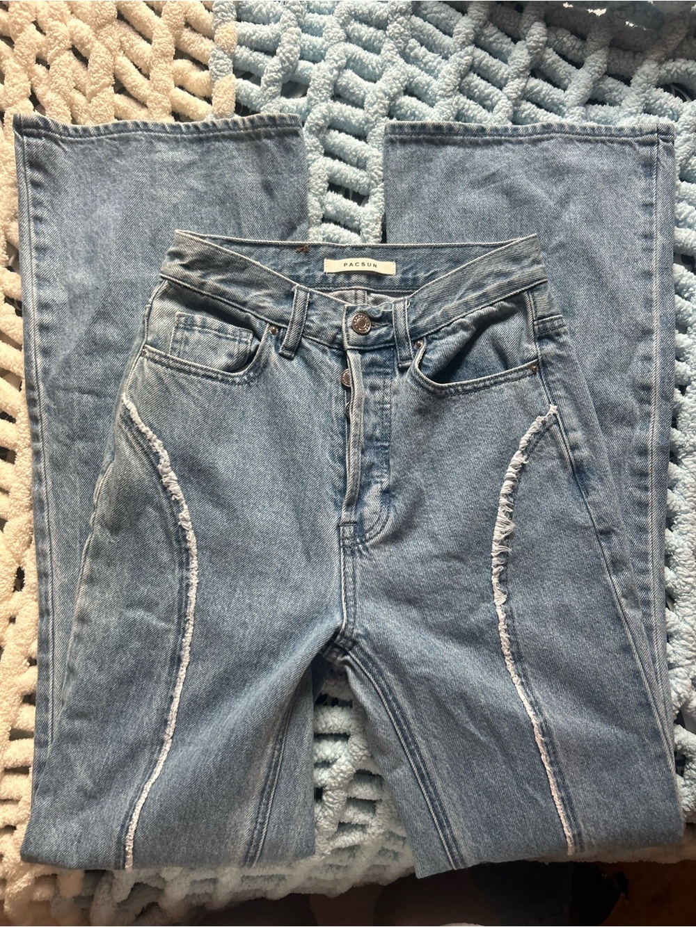 PacSun Light Blue High-Rise Flare Jeans with Frayed Seams